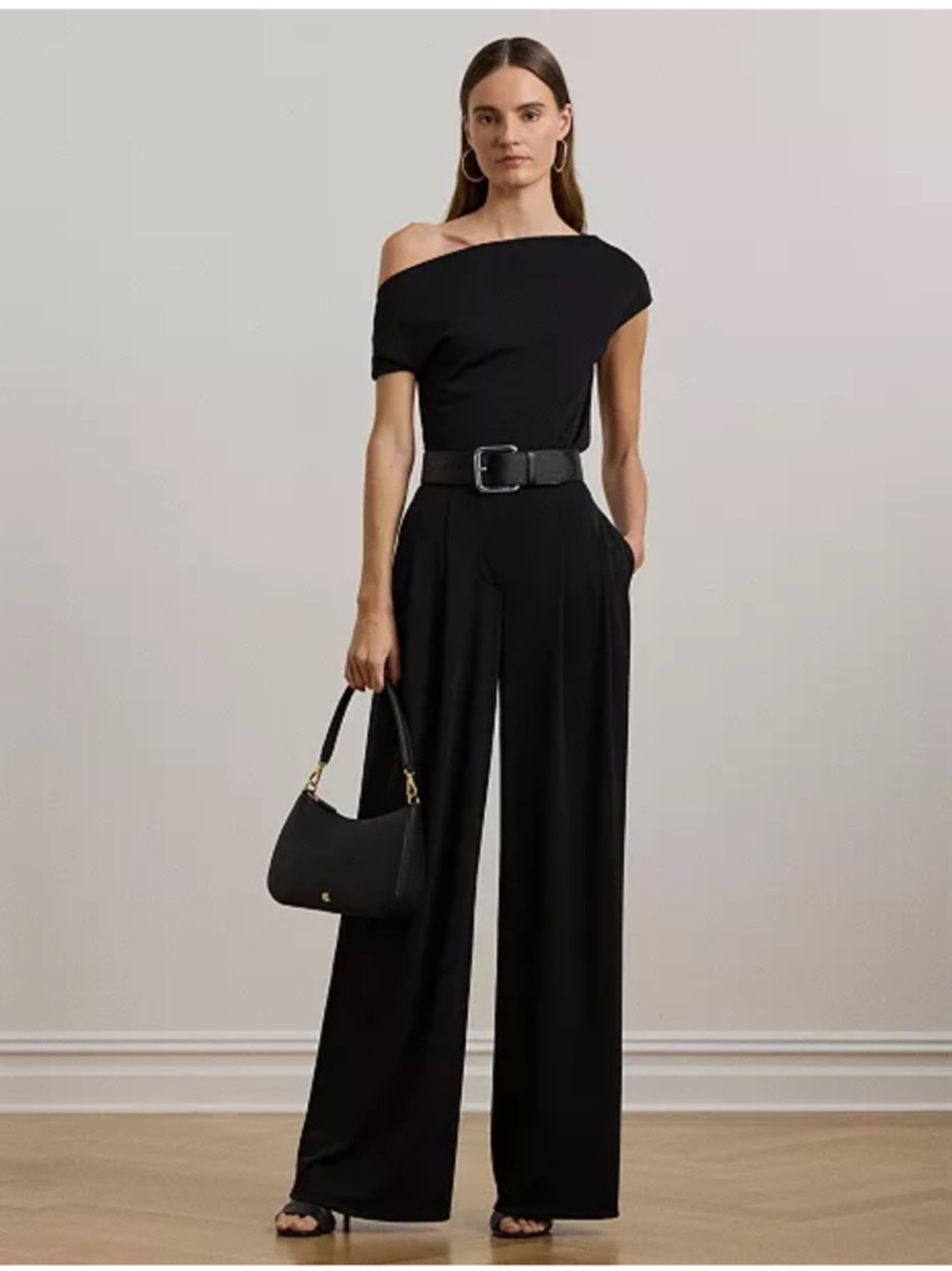 Lauren Ralph Lauren Black Women Pleated Stretch Jersey Wide Leg Pants Sz 4 & 10